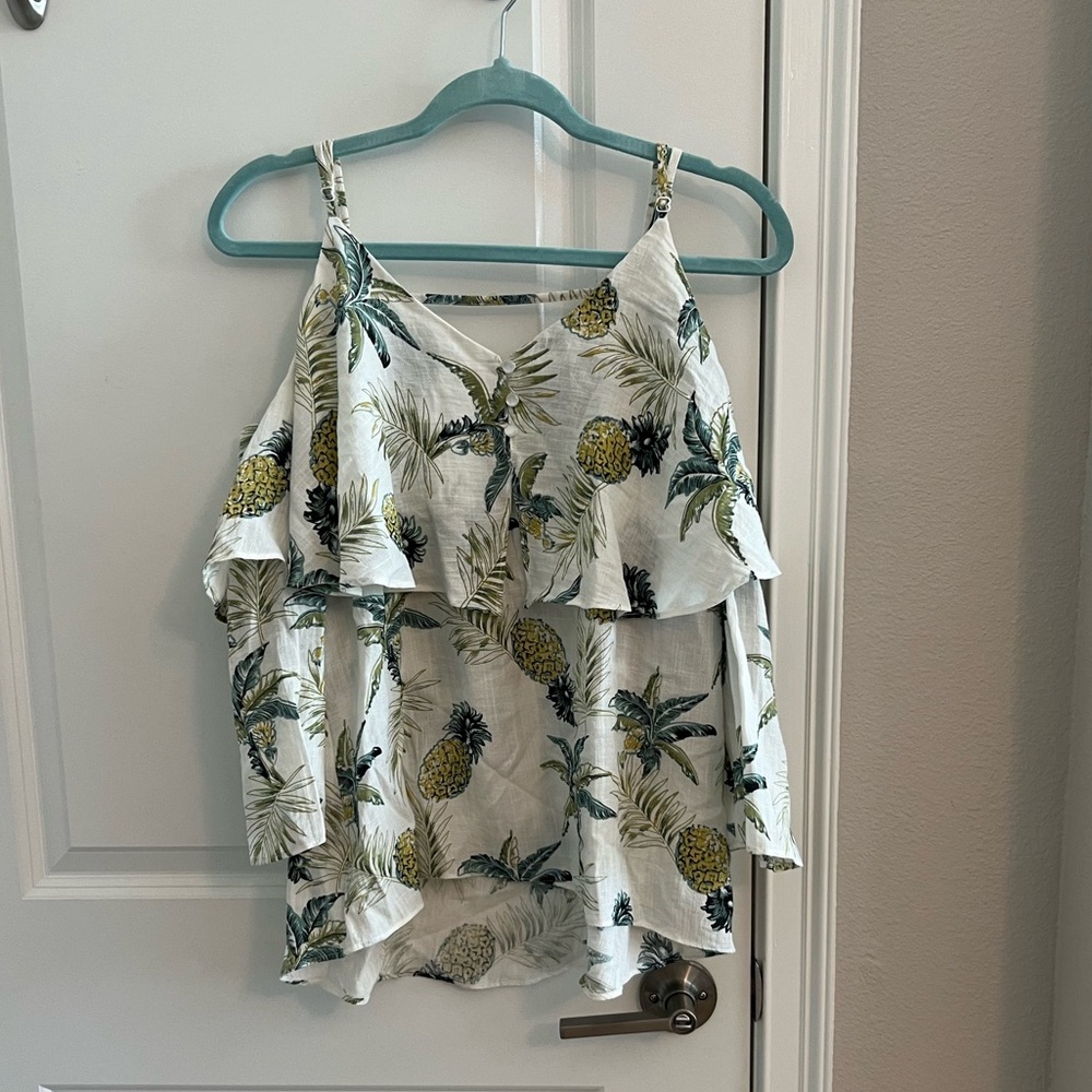 Brand new Tropical linen shirt with open shoulders.